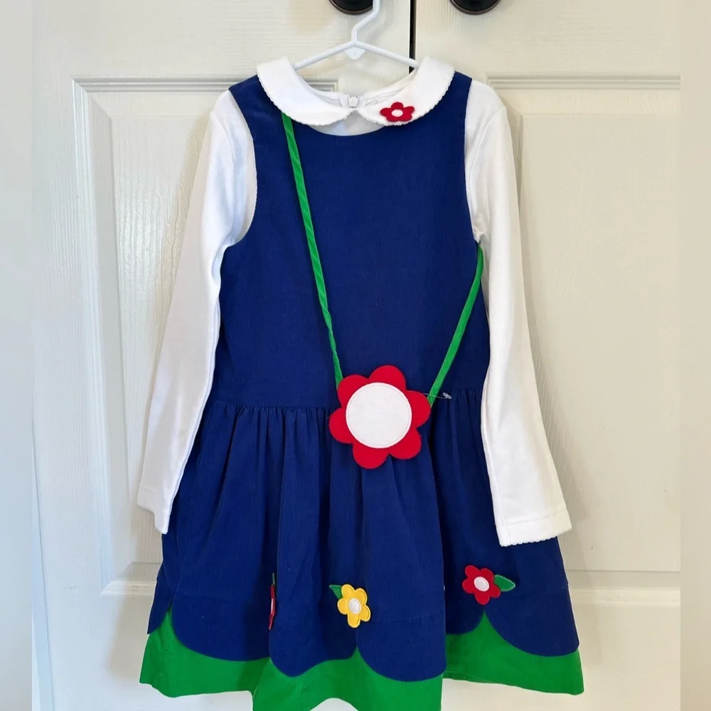 NWT Florence Eiseman blue corduroy dress set size 6x with top and purse